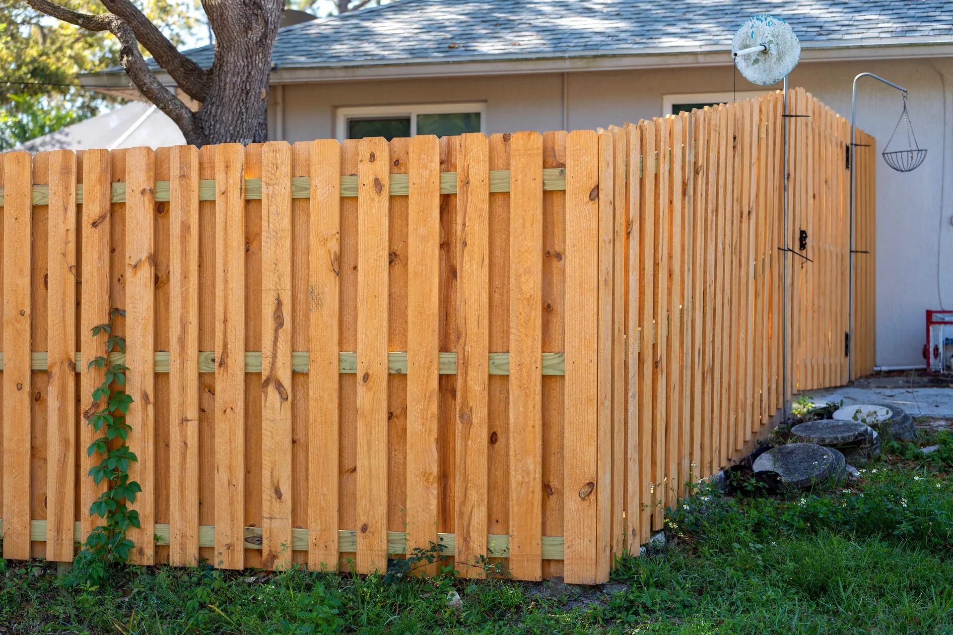 Cedar board-on-board privacy fence in a Charlotte backyard
