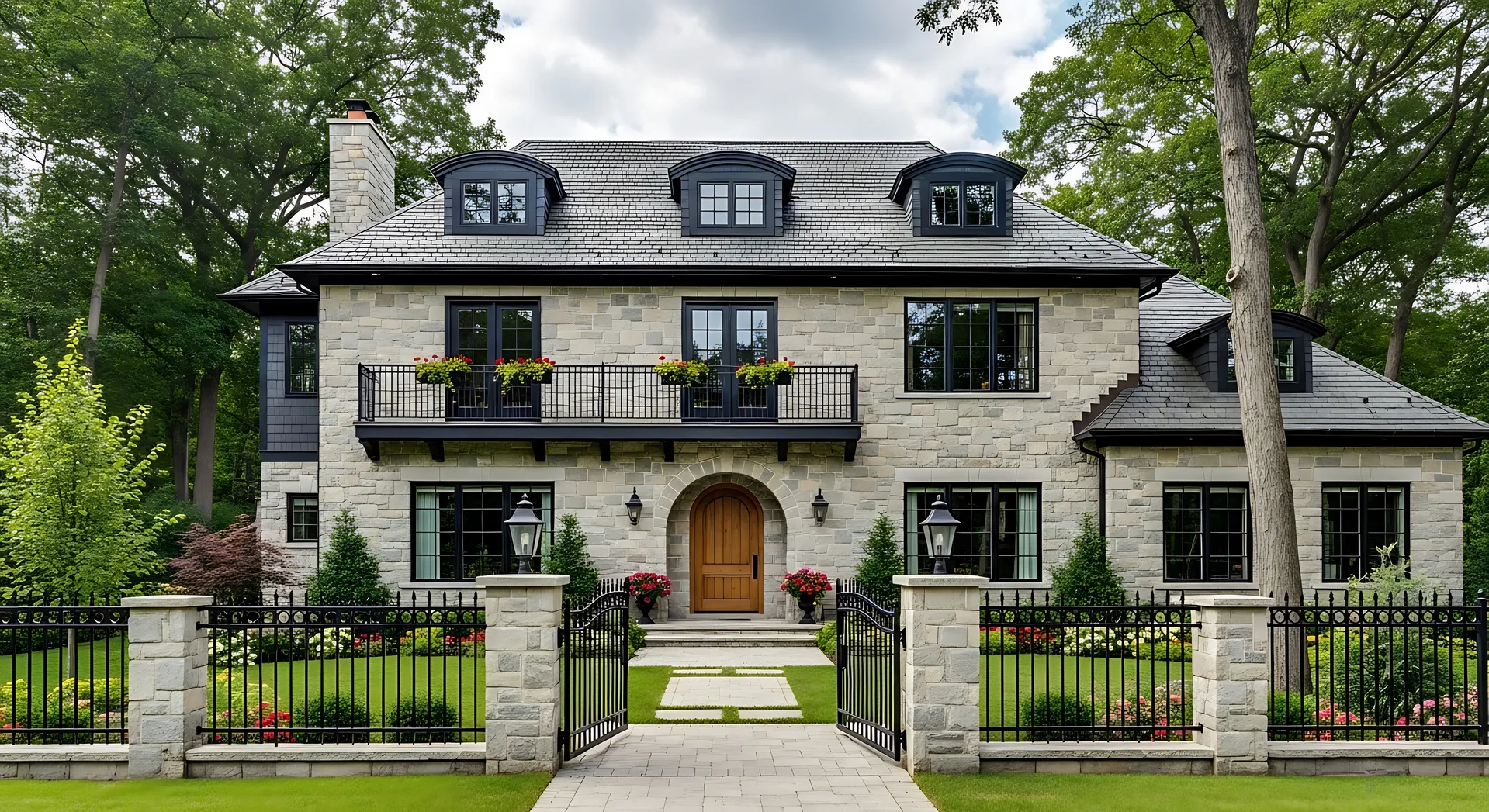 Luxury stone home with black iron fence and gate